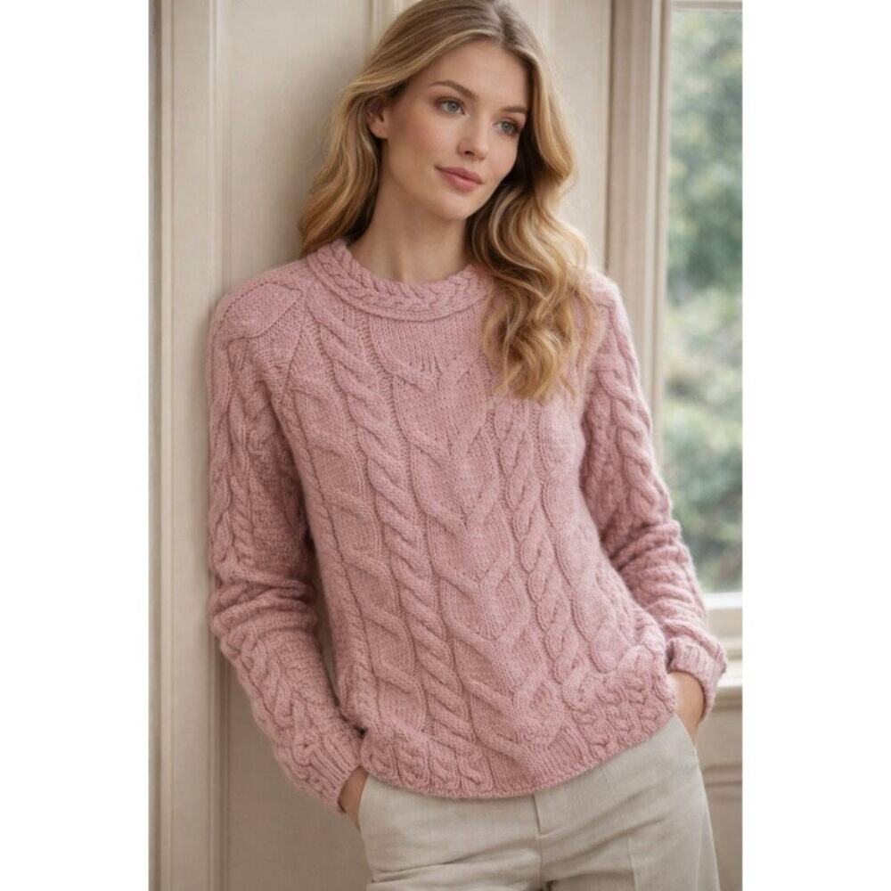 Aran Sweater Market Rose Pink Merino Wool Cable Knit Fisherman Sweater Sz.M